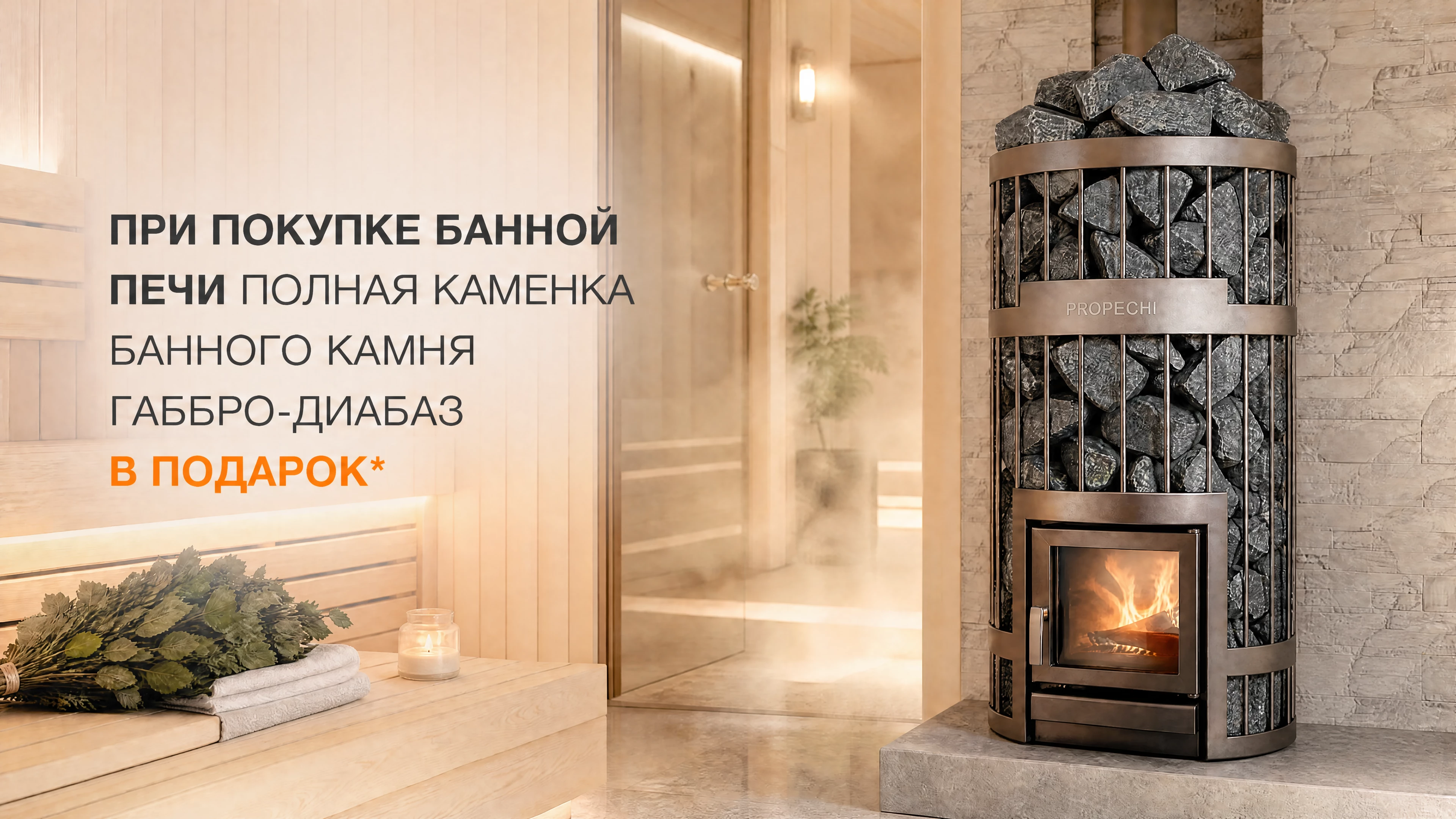 При покупке банной печи полная каменка банного камня габбро-диабаз в подарок*