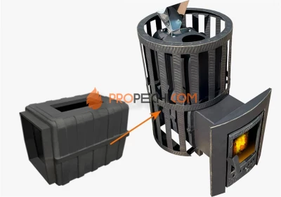 Банная чугунная печь Березка "Воевода" 15 Каминная дверца Закрытая каменка