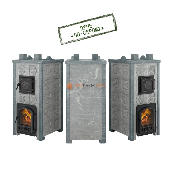 Печь для бани Эверест Легкий пар Профи каменка по-серому, Талькохлорит, Б/В, Резная (2 стор.+фасад)