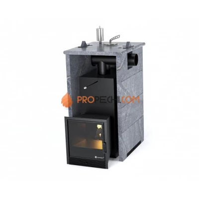 Дровяная печь для бани ИзиСтим Анапа в трехстороннем кожухе с боковым подключением из талькохлорита