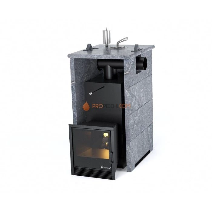 Дровяная печь для бани ИзиСтим Анапа в трехстороннем кожухе с боковым подключением из талькохлорита