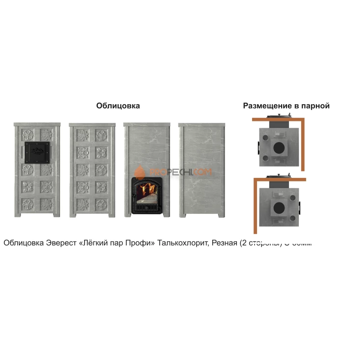 Печь для бани Эверест Легкий пар Профи каменка из нерж. стали, Талькохлорит, S-50 мм, Резная (2 стороны)