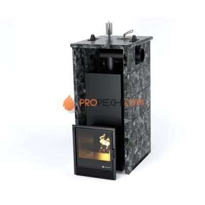 Дровяная печь для бани ИзиСтим Геленджик в трехстороннем кожухе с боковым подключением из пироксенита