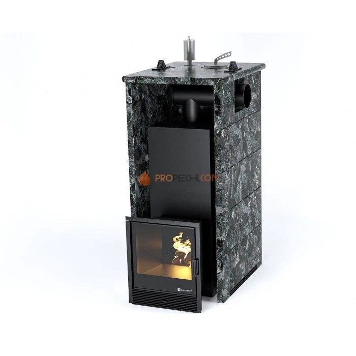 Дровяная печь для бани ИзиСтим Геленджик в трехстороннем кожухе с боковым подключением из пироксенита