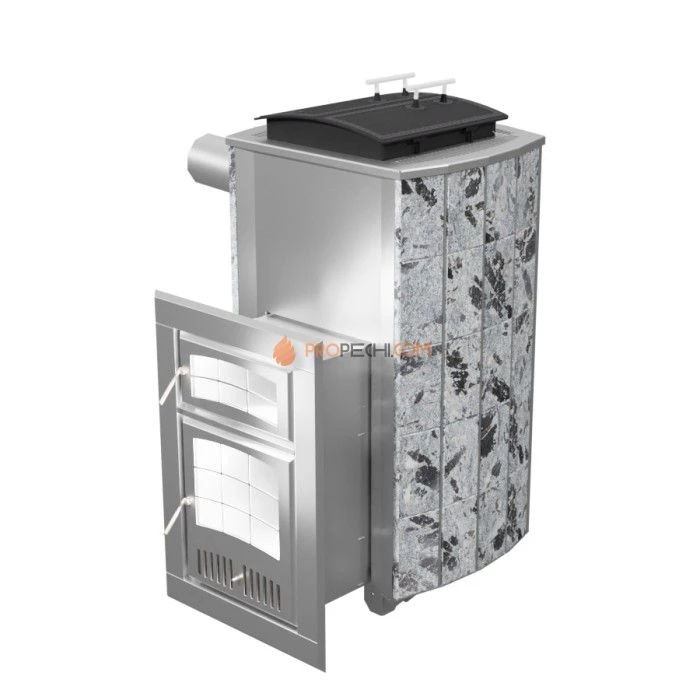 Дровяная печь для бани Инжкомцентр ВВД Чародейка М Русский пар PRO (серпентинит Премиум), дымоход сбоку