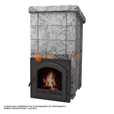 Чугунная печь для бани Инжкомцентр ВВД Сударушка Семейная РК (серпентинит Бархат) cо стальной окрашенной дверцей, с фасками, дымоход сверху