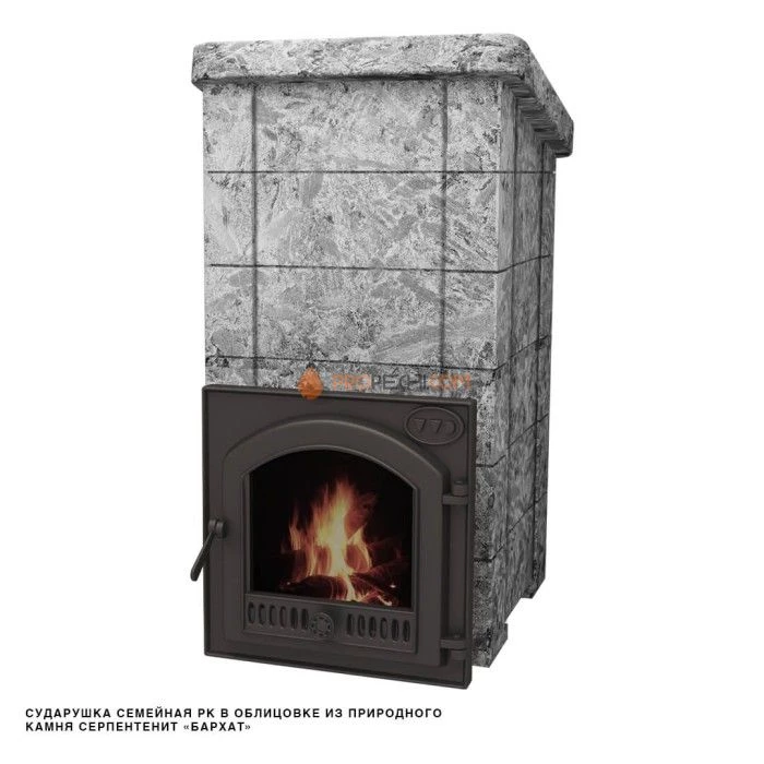 Чугунная печь для бани Инжкомцентр ВВД Сударушка Семейная РК (серпентинит Бархат) cо стальной окрашенной дверцей, с фасками, дымоход сверху