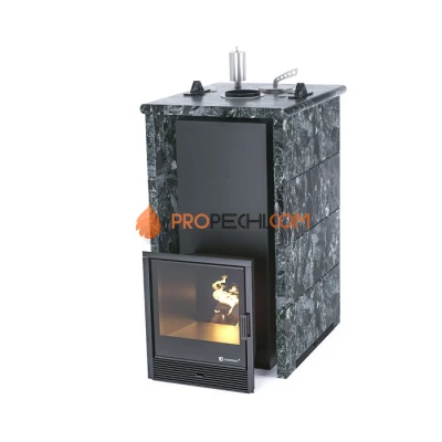 Дровяная печь для бани ИзиСтим Геленджик в трехстороннем кожухе из пироксенита