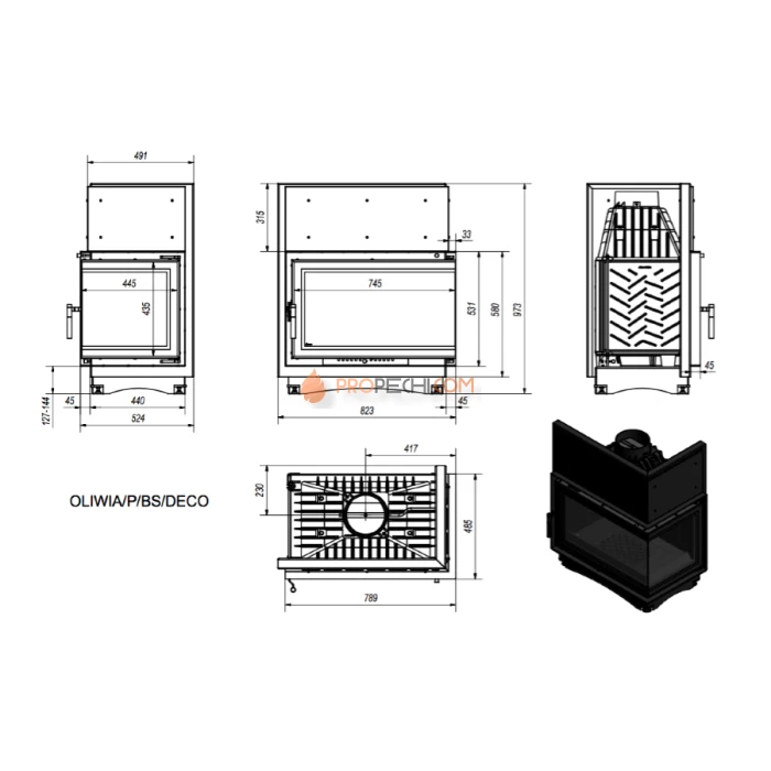 Каминная топка Kratki Oliwia/P/BS/DECO