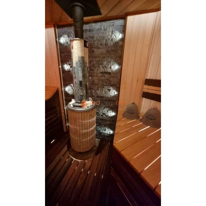 Чугунная печь для бани Атмосфера в ламелях Окаменевшее дерево перенесенный рисунок до 22 м³