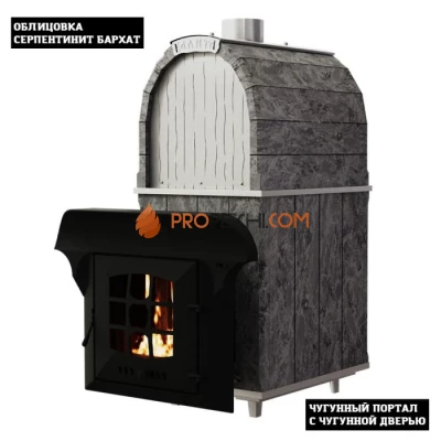Чугунная печь для бани Инжкомцентр ВВД Калита Арочная PRO (серпентинит Бархат) с чугунным порталом и чугунной дверцей