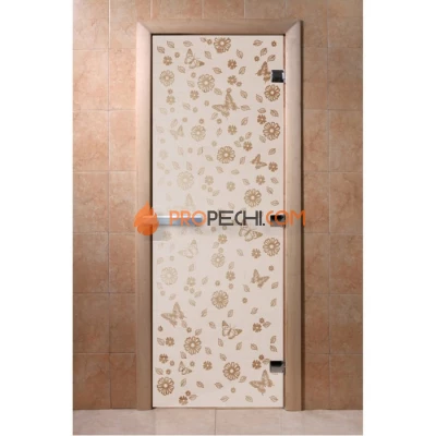 Дверь для бани DoorWood с рисунком Цветы и бабочки Сатин, 1900x600 мм