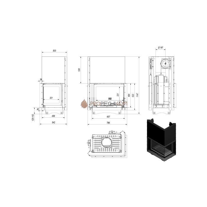Каминная топка Kratki Maja/P/BS/G (угловое стекло справа,гильотина)