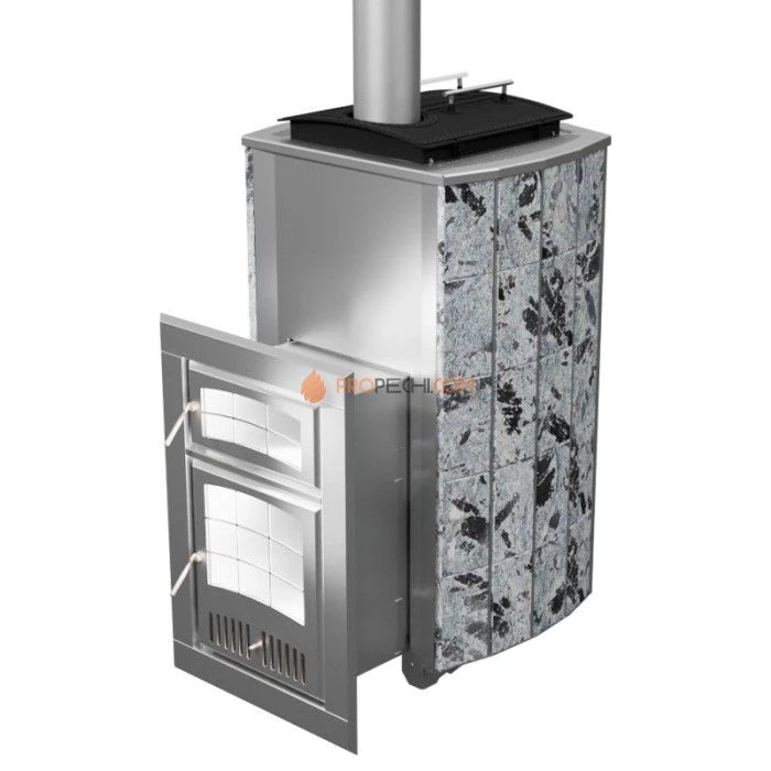 Дровяная печь для бани Инжкомцентр ВВД Чародейка Русский пар PRO (серпентинит Премиум), дымоход сверху