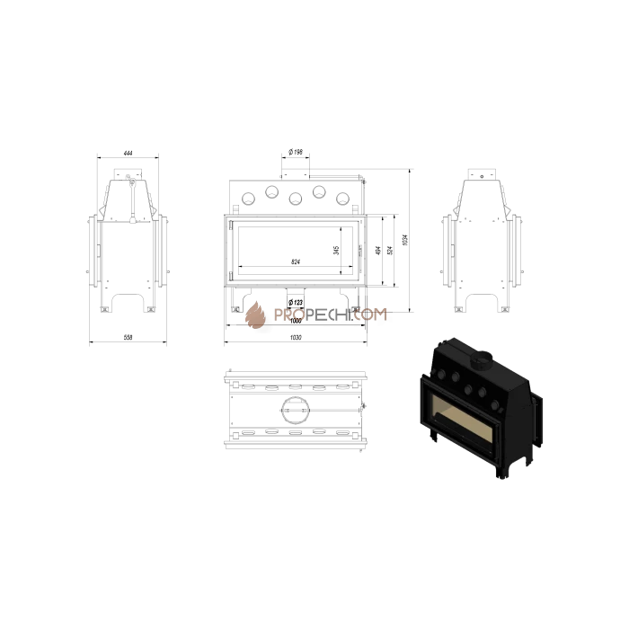 Каминная топка стальная Kratki MILA/T (тунель) (16 кВт)