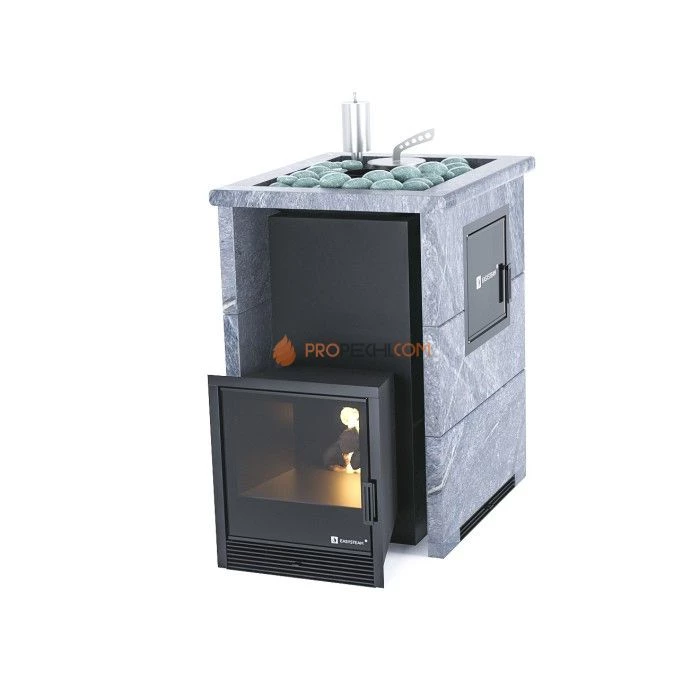 Дровяная печь для бани ИзиСтим Анапа М2 в трехстороннем кожухе с открытым верхом из талькохлорита