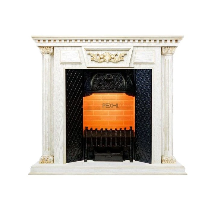 Каминокомплект Dimplex Olympia - Белый дуб, патина с золотом / Кирпич с очагом Cassette 400 LNH-INT PS (без дров)