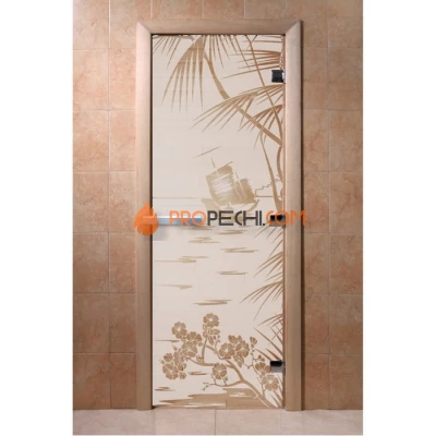 Дверь для бани DoorWood с рисунком Голубая лагуна Сатин, 2000x600 мм