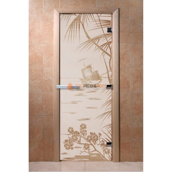 Дверь для бани DoorWood с рисунком Голубая лагуна Сатин, 2000x900 мм