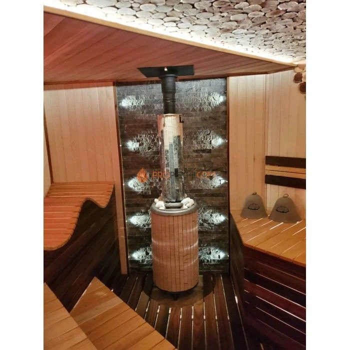 Чугунная печь для бани Атмосфера в ламелях Окаменевшее дерево перенесенный рисунок до 22 м³