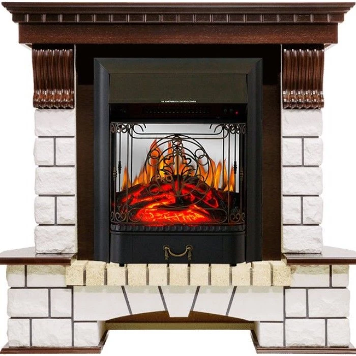 Каминокомплект Royal Flame Pierre Luxe угловой - Темный дуб / Белый с очагом Majestic FX M Black