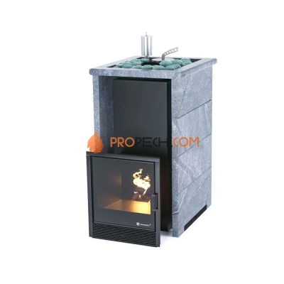 Дровяная печь для бани ИзиСтим Сочи в трехстороннем кожухе с открытым верхом из талькохлорита