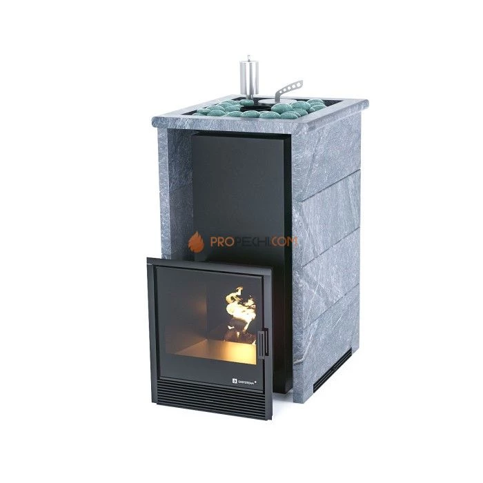 Дровяная печь для бани ИзиСтим Сочи в трехстороннем кожухе с открытым верхом из талькохлорита