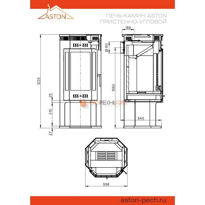 Печь-Камин ASTON 11 кВт (180 м³) пристенно-угловой d 150мм
