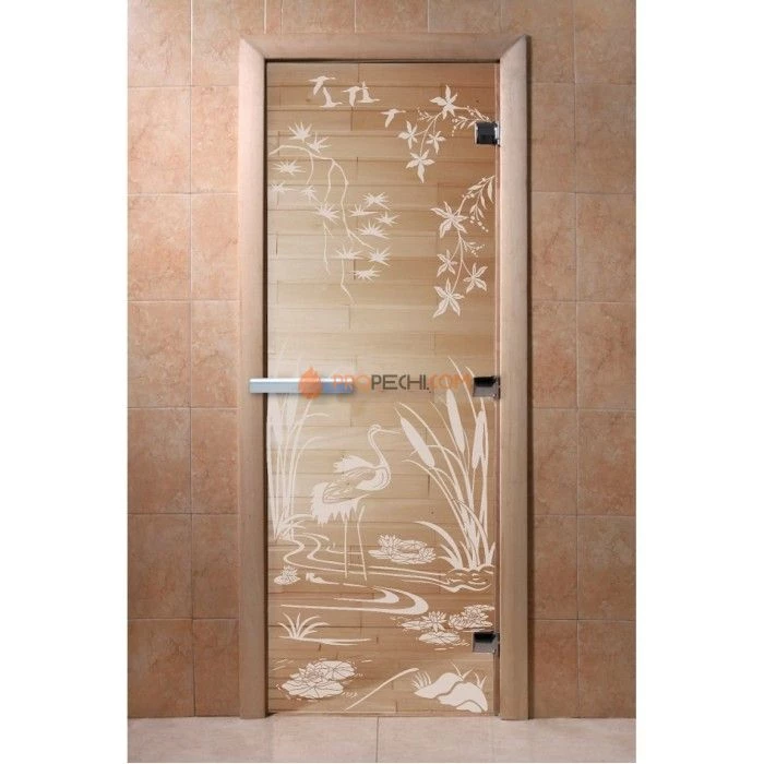 Дверь для бани DoorWood с рисунком Камышовый рай Прозрачная, 1800x600 мм
