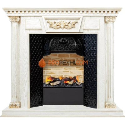 Каминокомплект Dimplex Olympia - Белый дуб, патина с золотом / Кирпич с очагом Cassette 400 LNH-INT (с дровами)