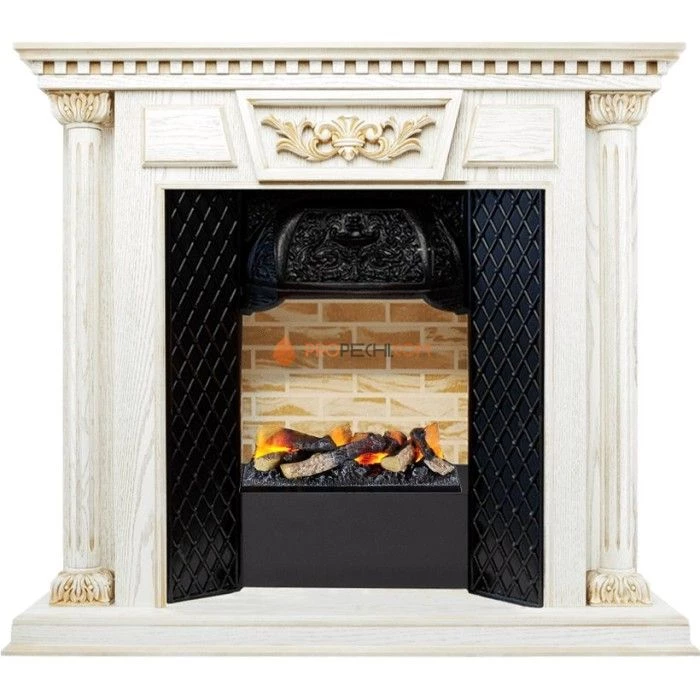 Каминокомплект Dimplex Olympia - Белый дуб, патина с золотом / Кирпич с очагом Cassette 400 LNH-INT (с дровами)