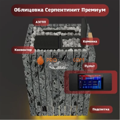 Электрическая печь Инжкомцентр ВВД ПАРиЖАР Футурус 12 кВт / 380 В (серпентинит Премиум), паротермальная