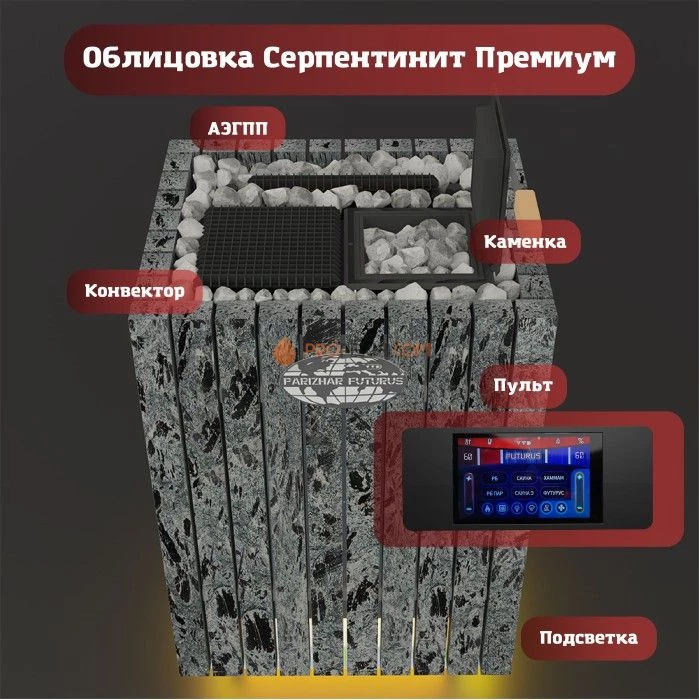 Электрическая печь Инжкомцентр ВВД ПАРиЖАР Футурус 12 кВт / 380 В (серпентинит Премиум), паротермальная