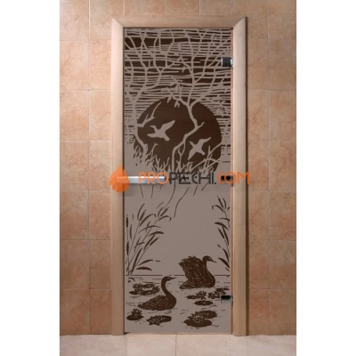 Дверь для бани DoorWood с рисунком Лебединое озеро Черный жемчуг матовая, 2000x800 мм