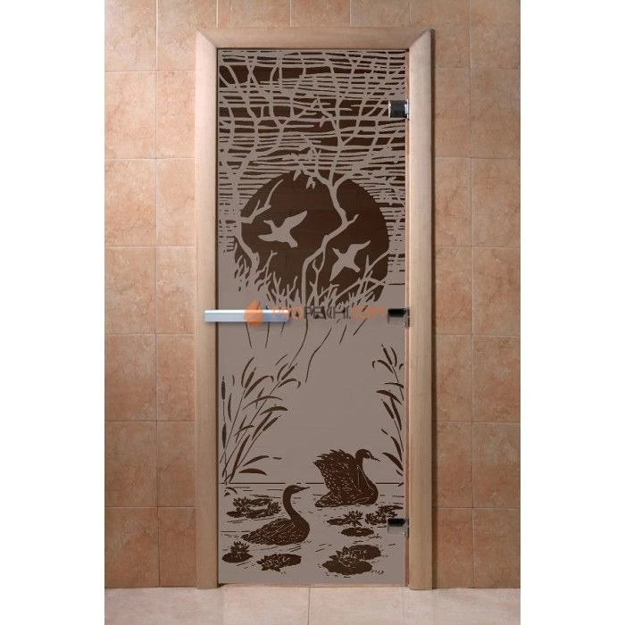 Дверь для бани DoorWood с рисунком Лебединое озеро Черный жемчуг матовая, 2000x800 мм