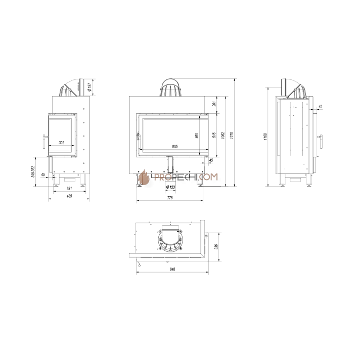 Каминная топка стальная Kratki LUCY/14/P/BS (угловое стекло справа) (14 кВт)