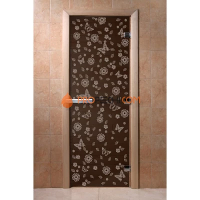 Дверь для бани DoorWood с рисунком Цветы и бабочки Черный жемчуг, 2000x800 мм
