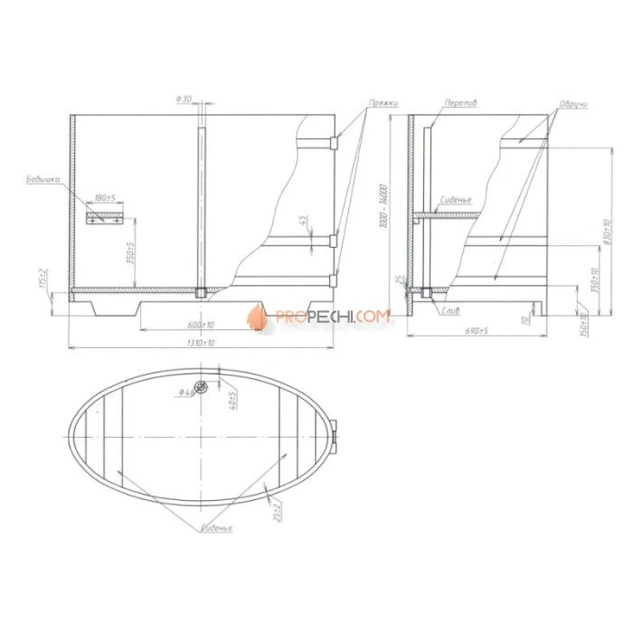 Купель BentWood овальная из мореной лиственницы 0,69х1,31 Рустик