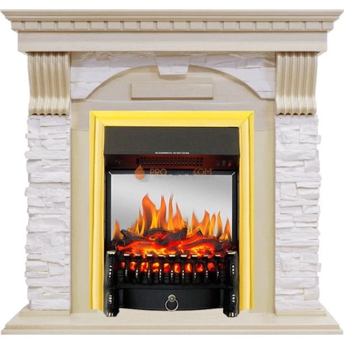 Каминокомплект Royal Flame Dublin - Слоновая кость с патиной / Сланец крем с очагом Fobos FX M Brass