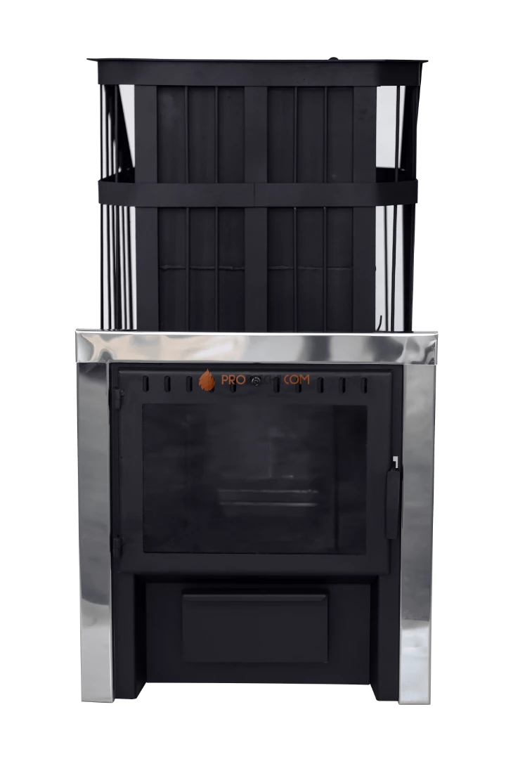 Банная печь Сибирь с закрытой каменкой, панорамное стекло