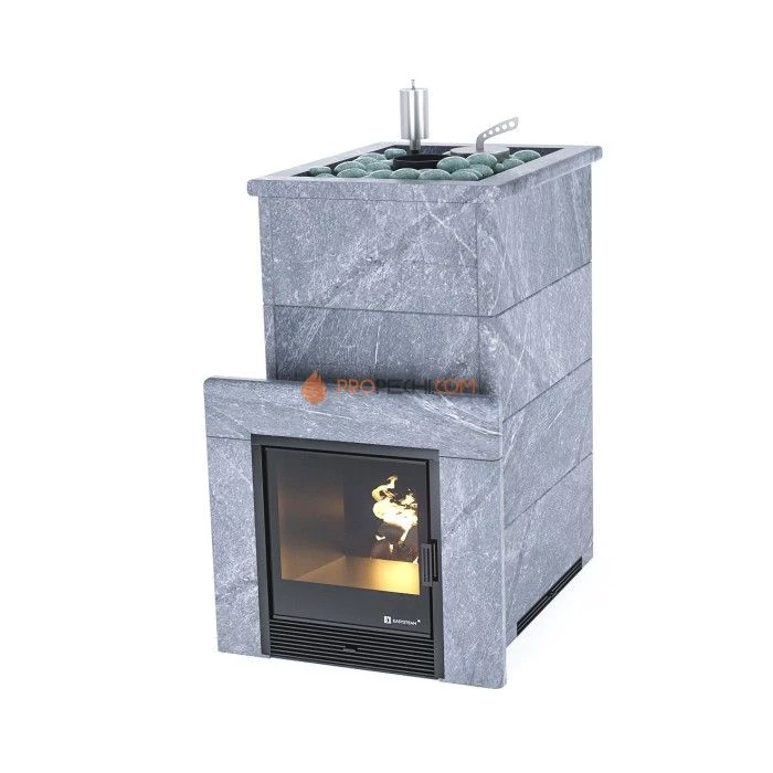 Дровяная печь для бани ИзиСтим Геленджик в полноценном кожухе с открытым верхом из талькохлорита