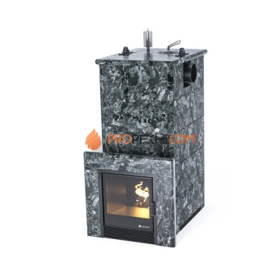Дровяная печь для бани ИзиСтим Геленджик в полноценном кожухе с боковым подключением из пироксенита