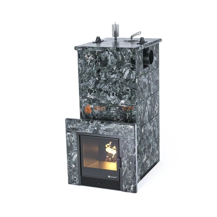 Дровяная печь для бани ИзиСтим Геленджик в полноценном кожухе с боковым подключением из пироксенита