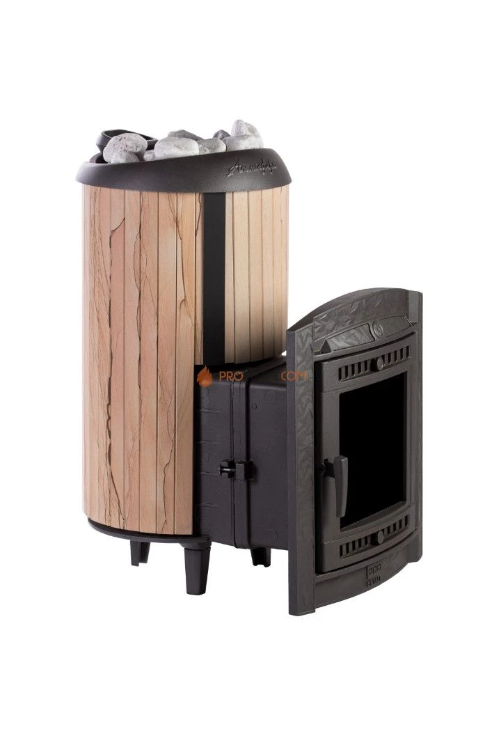 Банная печь Атмосфера-XL в ламелях "Окаменевшее дерево" перенесённый рисунок