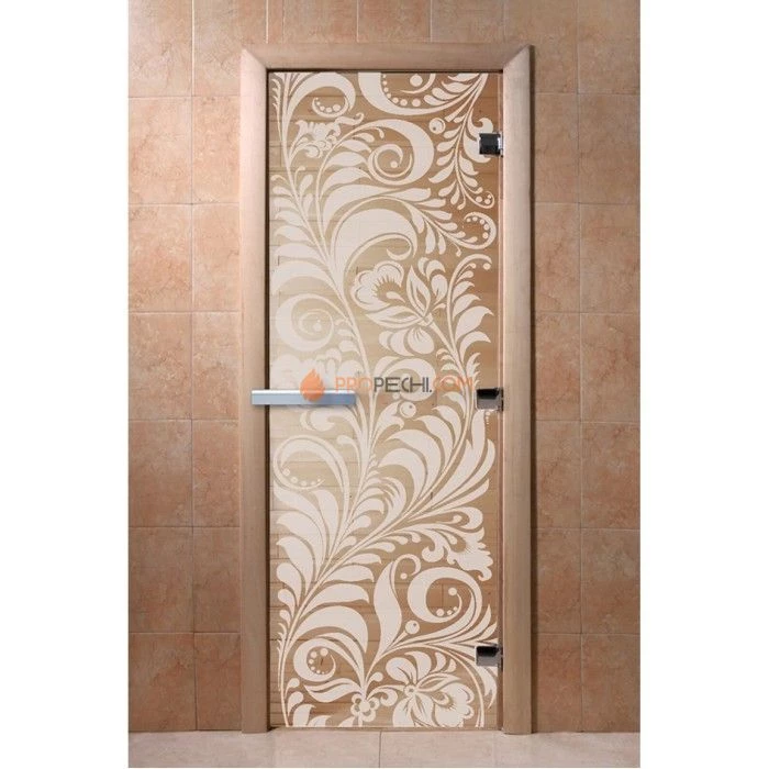 Дверь для бани DoorWood с рисунком Хохлома Прозрачная, 1700x700 мм