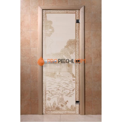 Дверь для бани DoorWood с рисунком Банька в лесу Сатин, 1800x700 мм