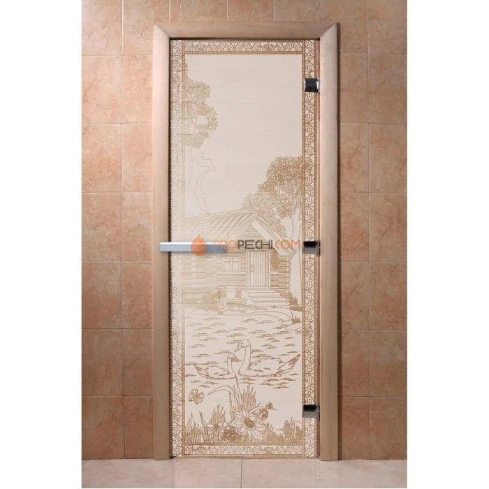 Дверь для бани DoorWood с рисунком Банька в лесу Сатин, 1800x700 мм