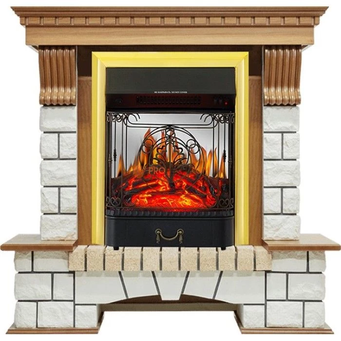 Каминокомплект Royal Flame Pierre Luxe - Дуб / Белый с очагом Majestic FX M Brass