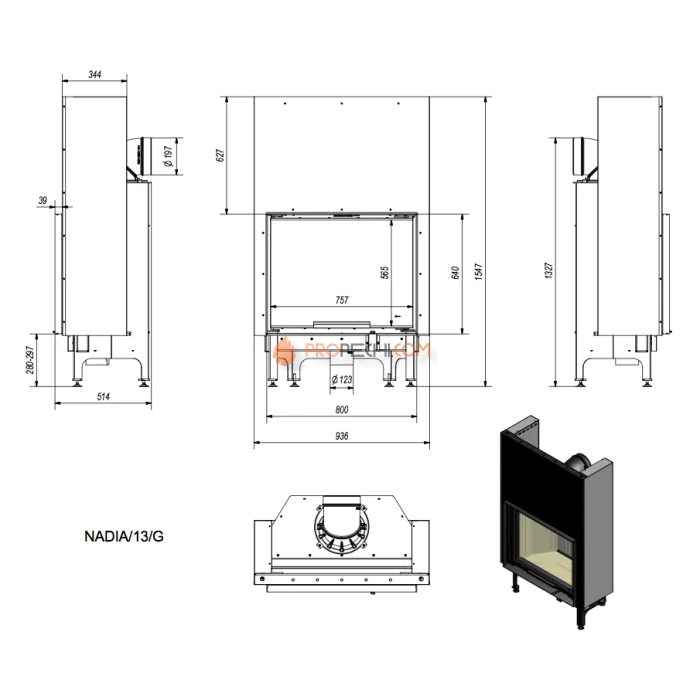 Каминная топка стальная Kratki NADIA/13/G (гильотина) (13 кВт)