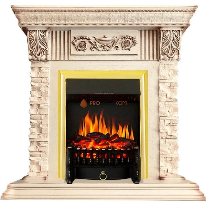 Каминокомплект Royal Flame Luxemburg (каменный) - Сланец/Cлоновая кость с патиной с очагом Fobos FX Brass